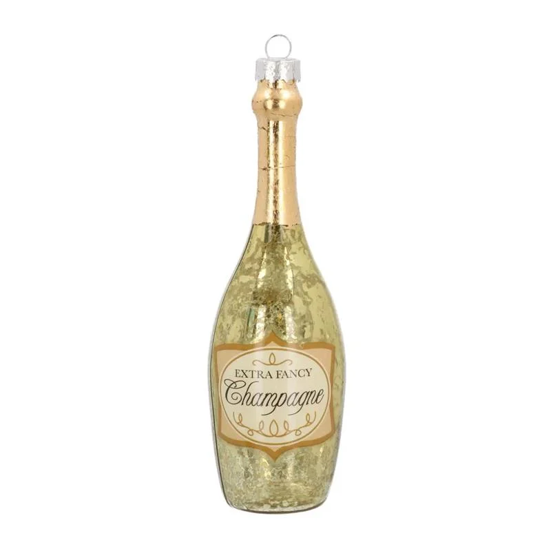 Christmas White Wonderland 5.5" Gold Champagne Bottle Glass Ornaments Set Of 6