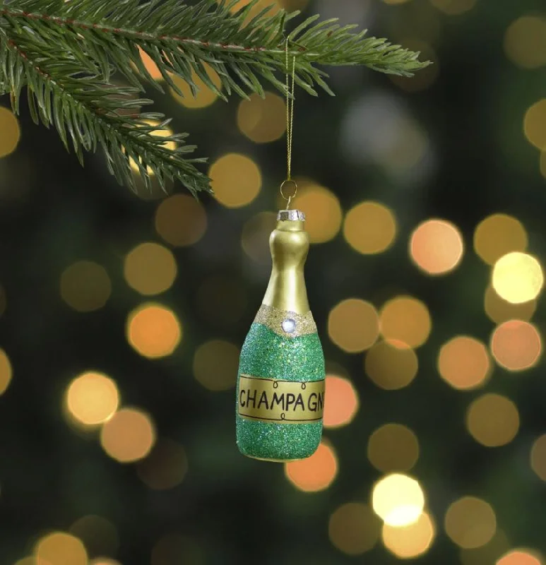 Christmas Festive Atmosphere 5.5" Gold Champagne Bottle With Green Glittler Ornament Set Of 6