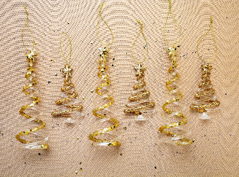 5"-8" Clear & Gold Swirled Tree Assorted Ornament Set Of 12