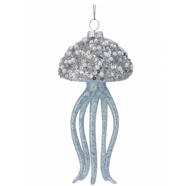 Christmas Fireplace Ambience 5" Aqua Jellyfish Jewel Ornament Set Of 6