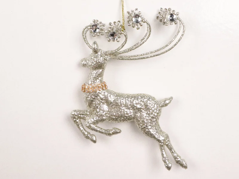 Christmas White Snow 5" Champagne Deer Ornament With Jewels Set Of 6