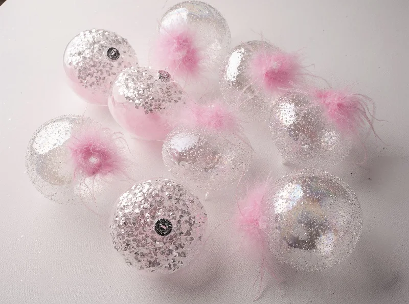 5" Crystal Pink Feather Ornament Assorted Set Of 9