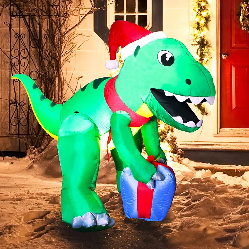 Christmas Glittering Stars Tall Christmas Dinosaur with Hat Inflatable (5 ft)