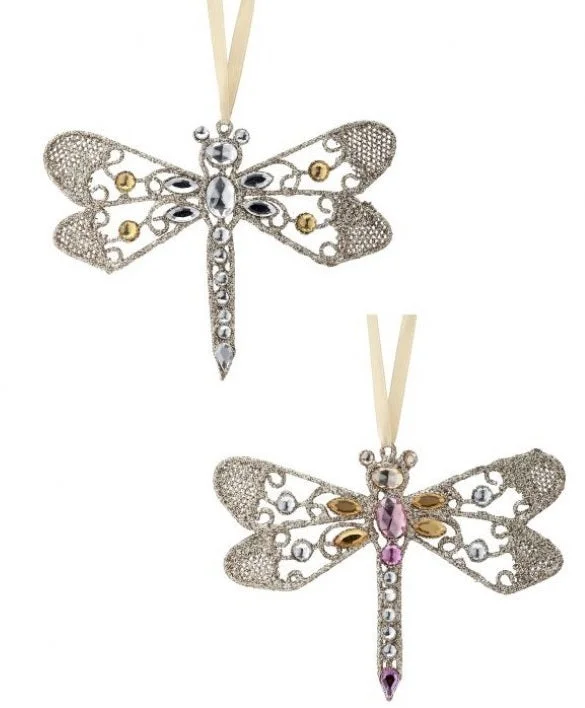 Christmas Pine Tree Farm 5" Jeweled Dragonfly Ornament Set Of 6