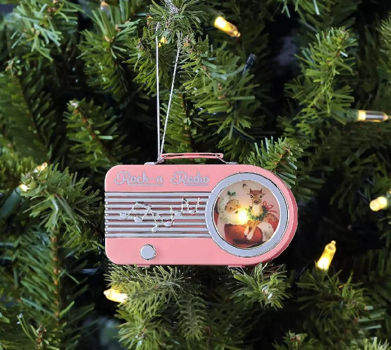 Christmas Twinkling Lights 5" Mini Retro Radio With Santa Ornament