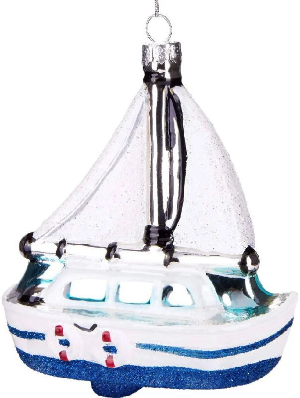 Christmas Holiday Baking 5" White & Blue Sail Boat Glass Ornament Set Of 6