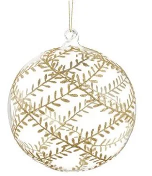 Christmas Reindeer Bells 6" Clear Gold Glitter Pattern Glass Ball Ornament Set Of 4