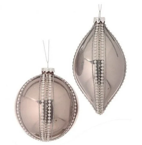 6" Platinum Glass Pearl Striped Ornament Set Of 6