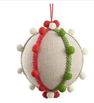 Christmas Holiday Greetings 6" Red & Green Pompom Ornament Set Of 2