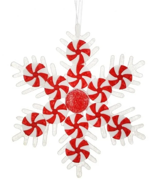 Christmas Ice Decorations 6" Red & White Peppermint Snowflake Ornament Set Of 9