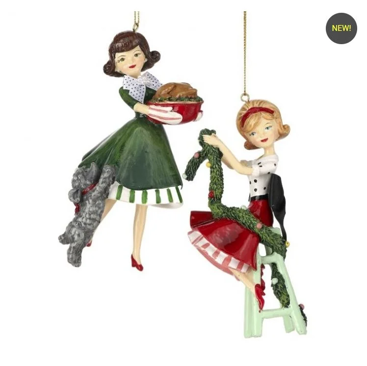 Christmas White Snow 6" Retro Housewife Ornament Set Of 2