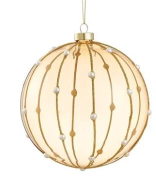 Christmas Traditional Feast 6" Tan Gold Glitter Pearl Glass Ball Ornament Set Of 2