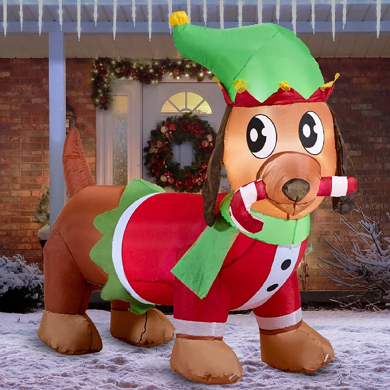 Christmas Hot Cocoa 6ft Long Puppy Holding A Cany Cane Christmas Inflatable
