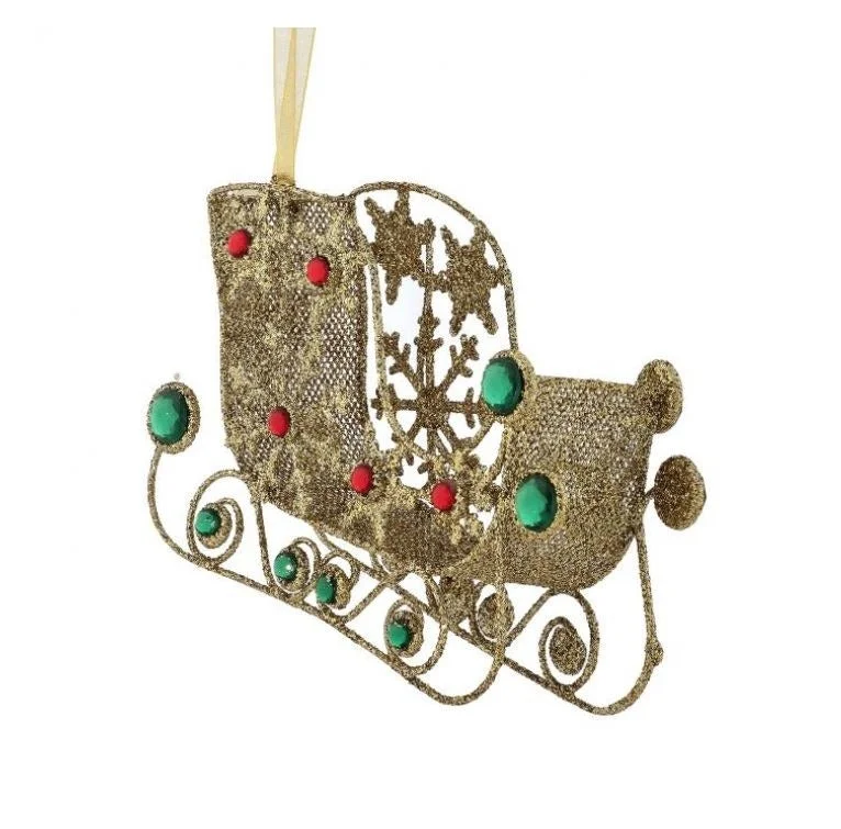 Christmas Classic Stories 7.5" Green & Gold Jewel Sleigh Ornament Set Of 4