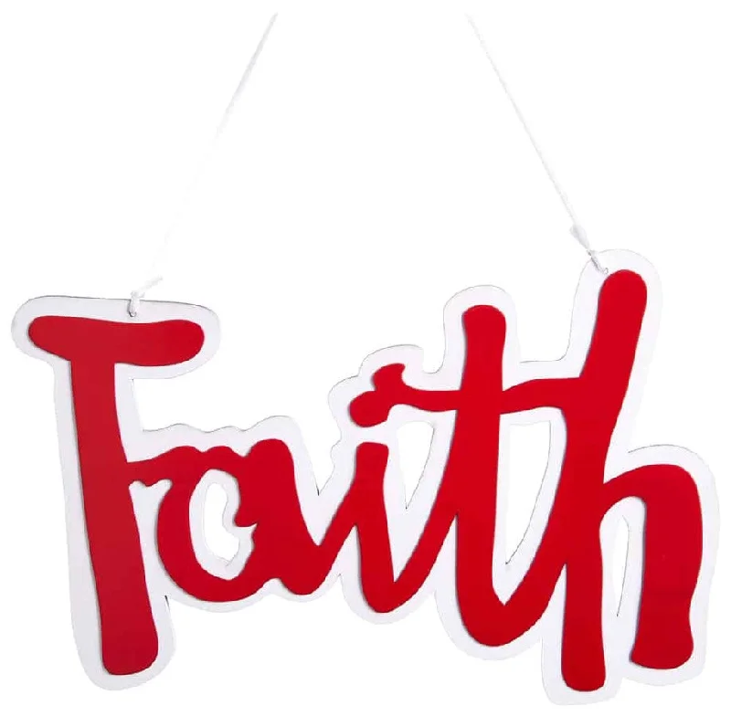 Christmas Pine Tree Farm 7.5" Red "Faith" Sign Ornament Set Of 2