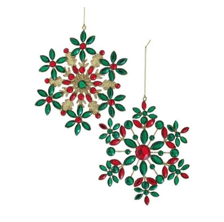 Christmas Santa Workshop 7" Red & Green Jewel Gold Glitter Snowflake Set Of 8