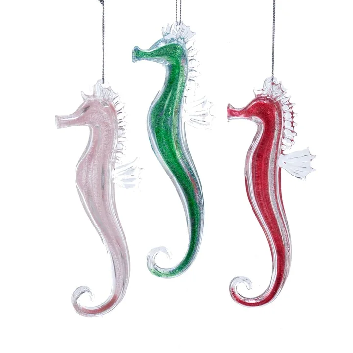 Christmas Evergreen Trees 7" Seahorse Glittered Glass Ornament Set Of 6