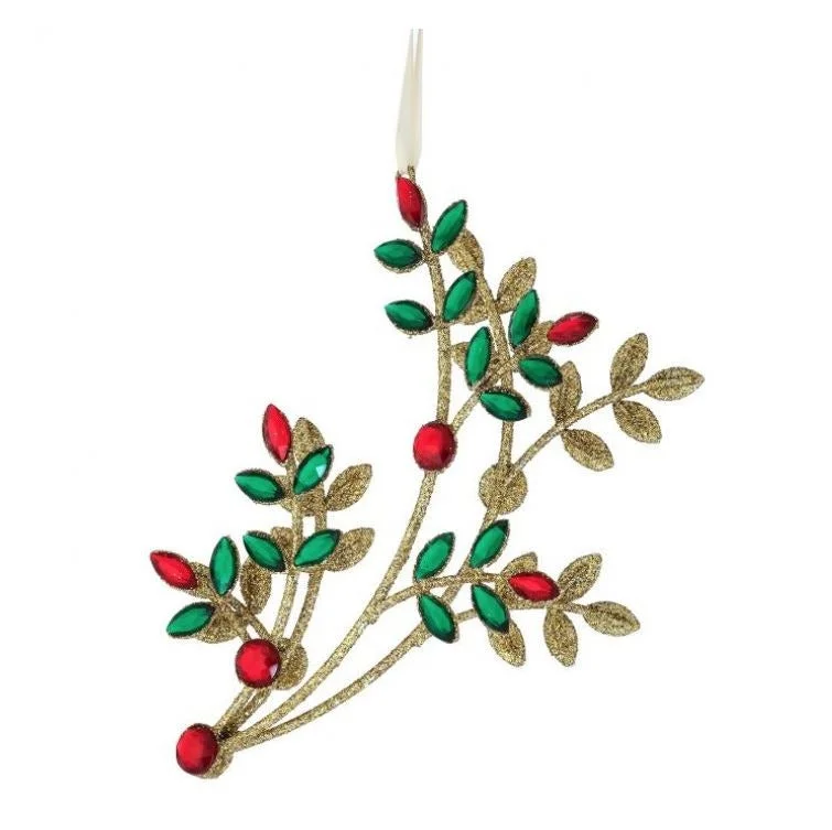 Christmas Holiday Greetings 8.5" Red & Green Gold Jewel Branch Ornament Set Of 4