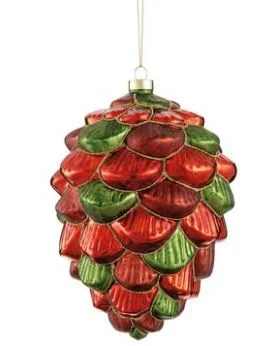 Christmas Cozy Evenings 8" Red & Green Pine Cone Glass Ornament Set Of 4
