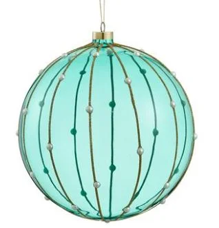 Christmas Homemade Treats 8" Teal Gold Glitter Pearl Glass Ball Ornament Set Of 2