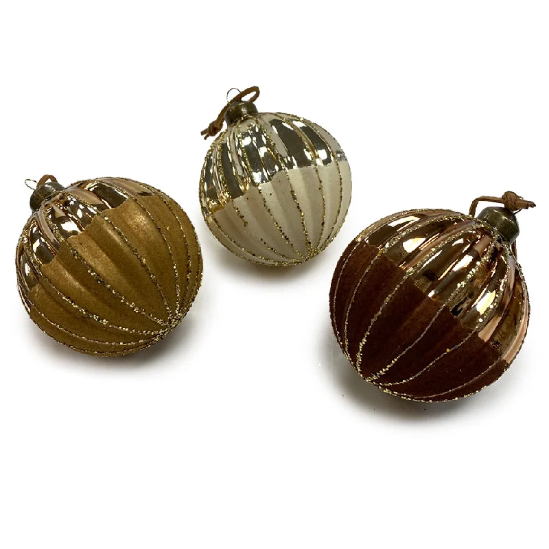 Christmas Beautiful Pine Trees 80Mm Glass Ball Half Shiny/Half Matte Ornament w/Glitter Edges - Assortment of 3