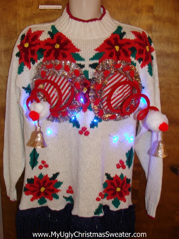 80s Pointsettia Light Up Ugly Christmas Naughty Sweater