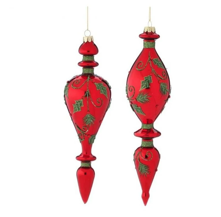 Christmas Fireplace Cozy 9"-10" Red & Green Holly Finial Ornament Set Of 4