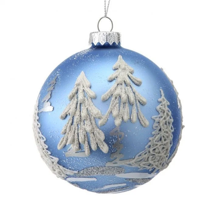 Christmas Jolly Surprises 4" Blue & White Embossed Forest Ornament Set Of 6