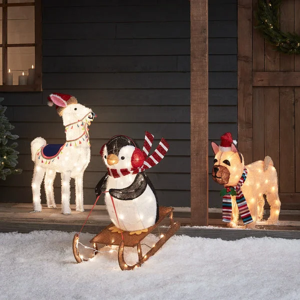 Christmas Holiday Treats 78cm Alpaca, Sledging Penguin & French Bulldog Christmas Figures