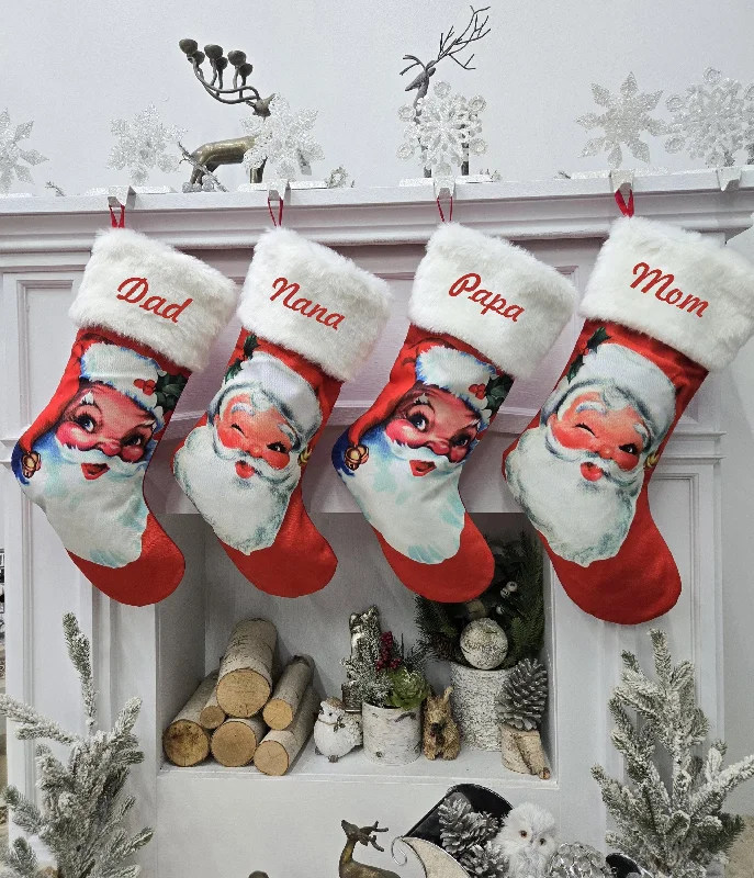 Vintage Santa Clause Christmas Stockings Personalized Embroidery or Name Tag Red White Plush Old World Finished Embroidered Vintage Looking