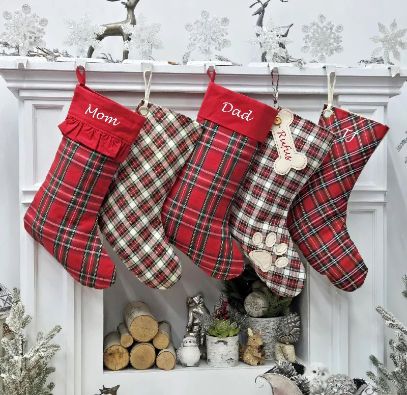 Arlington Plaid Christmas Stockings | Farmhouse Highlands Gaelic Celtic Style Tartan Red Green Yellow White Fabric Personalized Embroidery