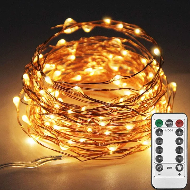 Christmas Cozy Sweaters 33ft 100 LED Copper Wire String Lights - Fairy String Lights - 8 Modes - USB Powered - Remote Control - Warm White