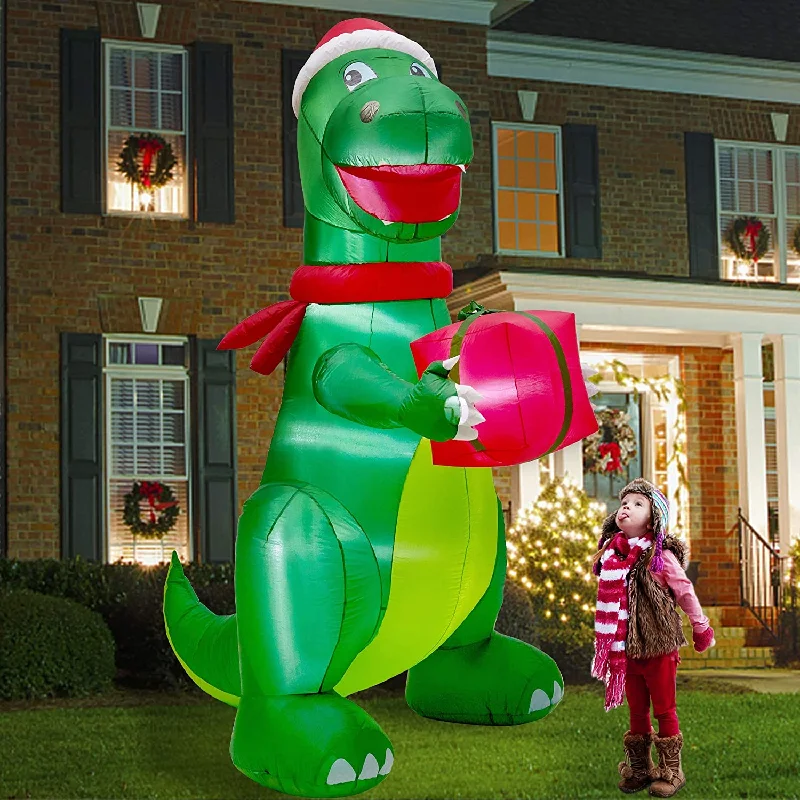 Christmas Winter Nights Magic Christmas 8FT Inflatables Lighted Green Dinosaur with Christmas Hat and Gift Box, Blow Up Indoor Outdoor Xmas Decor Lawn Yard Garden Decorations