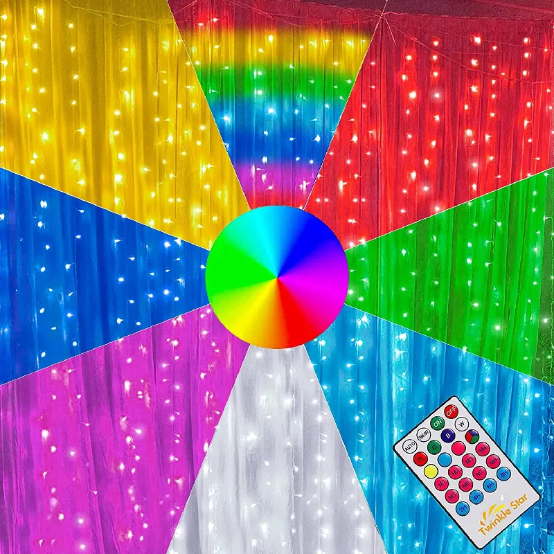 Christmas Village Scene 300 LED Window Curtain Lights - Rainbow RGB Color Changing - 64 Functional Backdrop Light - Colorful Icicle String Light