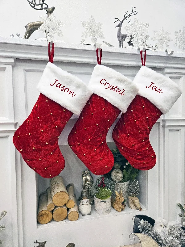 Beaded Red Gold Christmas Stockings | Vintage Red Quilted  Stocking Plush White Top Diamond Body Personalized Embroidered Name or Tag