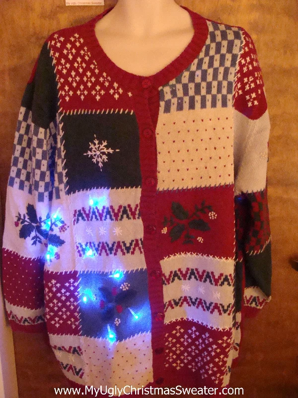 Big Size Patchwork Festive Cute Christmas Sweater with Lights