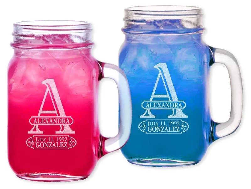 Christmas Holiday Greetings Birthday Initial  Mason Jars Custom Engraved Birthday GIft or Party Favor Idea Handle Mug Drinking Glasses Set of 2 Custom Pair of Glasses