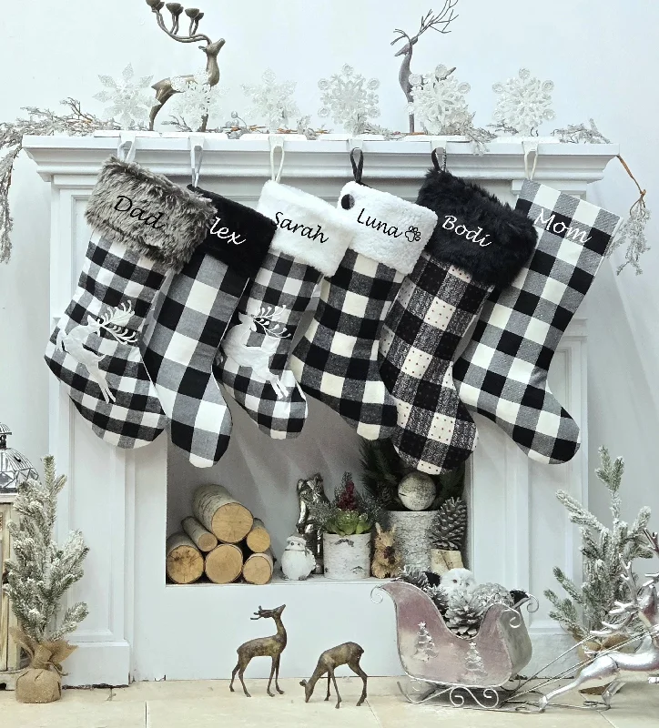 Black White Grey Plaid Personalized Christmas Stockings | Farmhouse Buffalo Check Rustic Decor Faux Fur Reindeer Embroidered Name Wood Tag