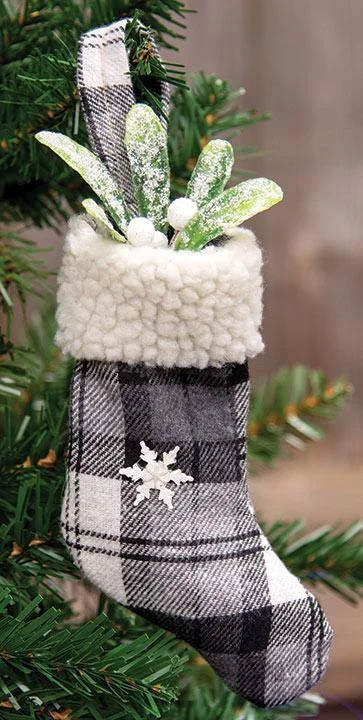 Black & White Plaid Stocking Ornament With Snowflake