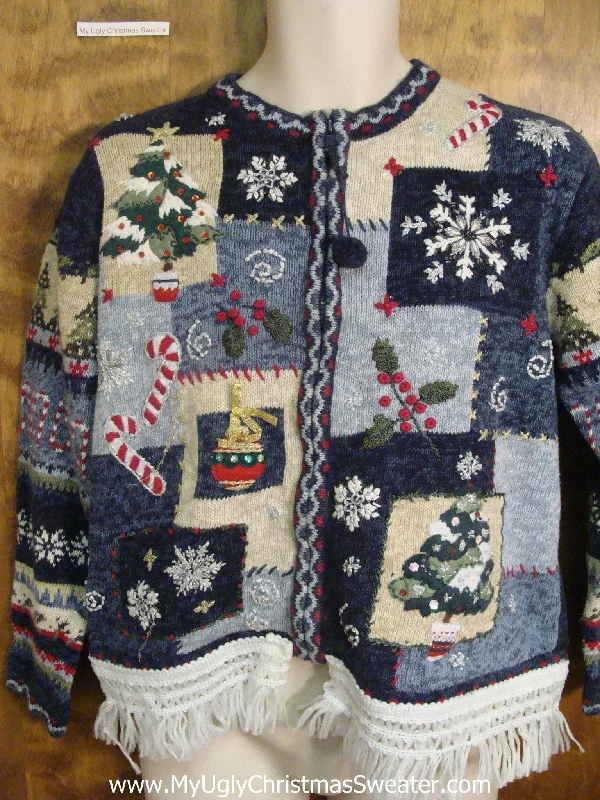 Christmas Fireplace Cozy Blue Patchwork Ugly Christmas Jumper