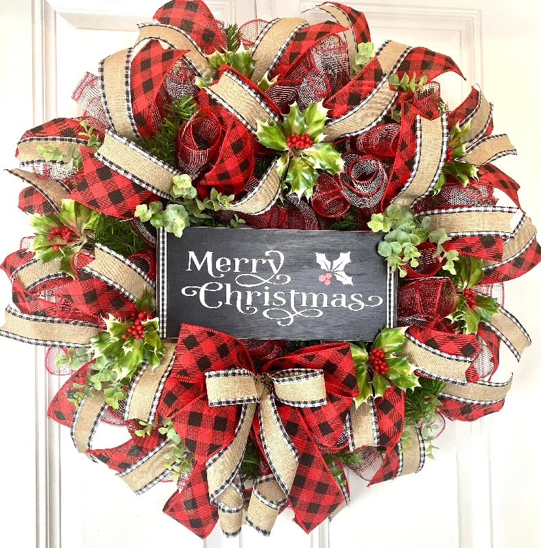 Christmas Pine Tree Farm Buffalo Check Christmas Wreath