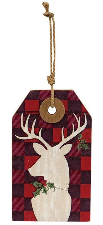 Christmas White Wonderland Buffalo Check Reindeer Wooden Tag