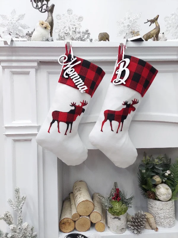 Christmas Festive Atmosphere Buffalo Plaid Moose Christmas Stocking | Bright White/Red Black Check Woodland Rustic Farmhouse Decor Personalized Embroidery name tag