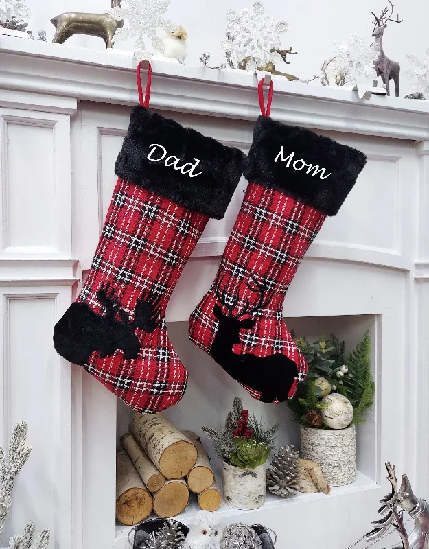 Christmas Evergreen Trees Buffalo Plaid Moose & Deer Christmas Stocking | Red Black White Check Cabin Farmhouse Lumberjack  Personalized  Family Name Tag Wood