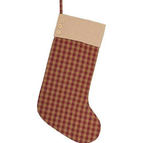 Christmas Holiday Festivities Burgundy Check Button Stocking, 12x20