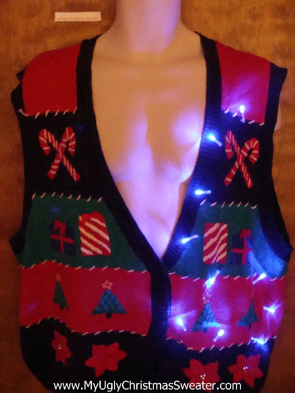 Candy Canes and Gifts Striped Light Up Ugly Christmas Jumper