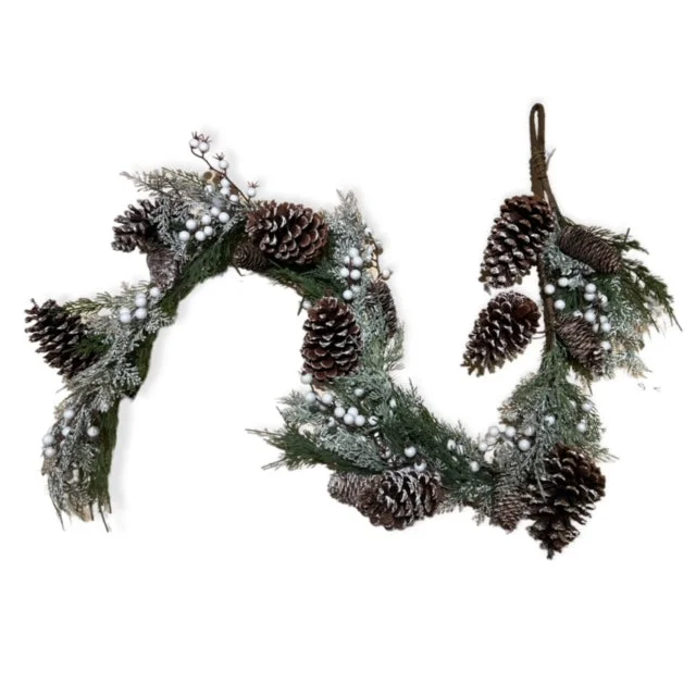 Christmas Traditional Feast Cedar Berry Pinecone Snowy Winter Garland 5 foot