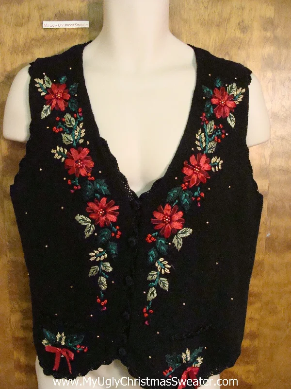 Christmas Snowfall Scene Cheap Holiday Sweater Vest with Poinsettias