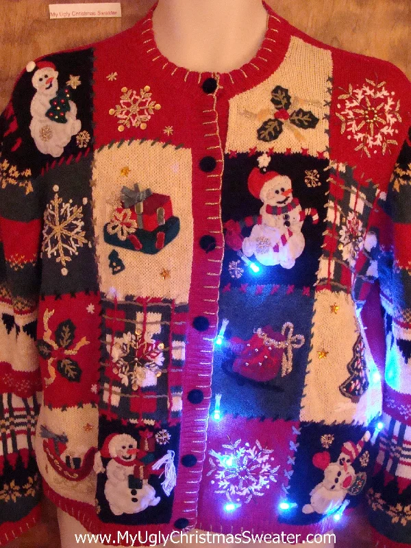 Cheesy Patchwork Mess Cute Christmas Sweater with Lights