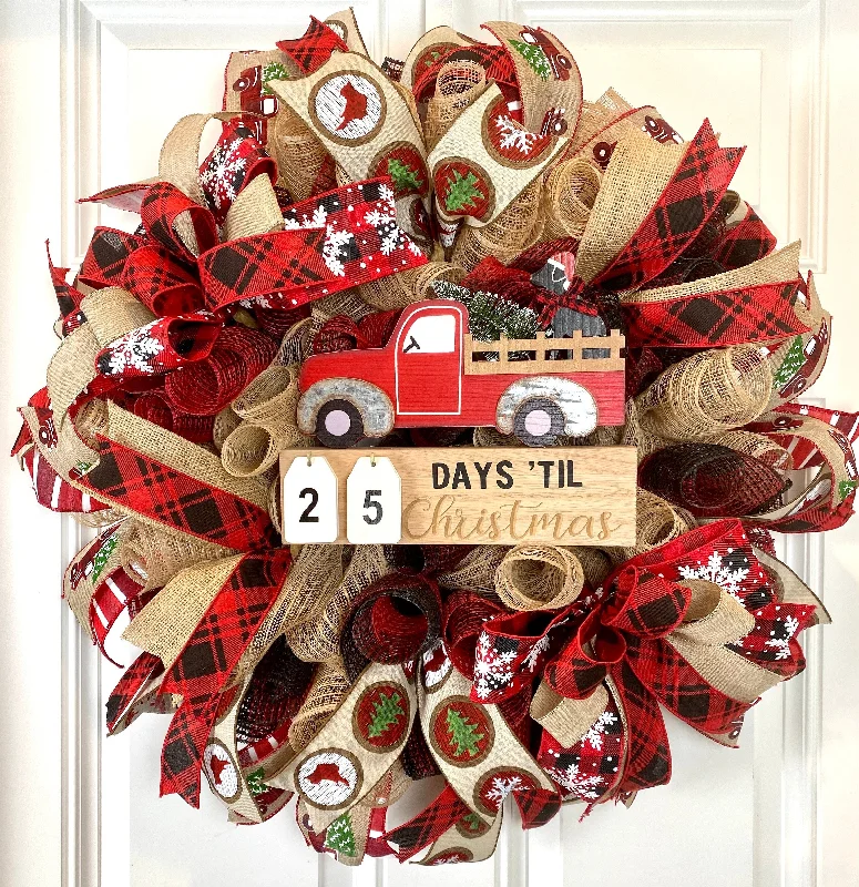 Christmas Snowfall Bliss Christmas Countdown Wreath, Red Truck and Dog Lover